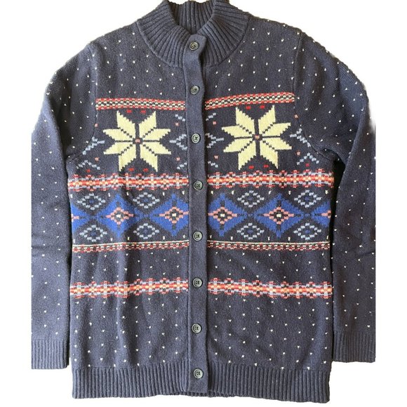 Lands End Cardigan Sweater Fair Isle Heavyweight Blue Button Up Cotton Winter S - Picture 4 of 13
